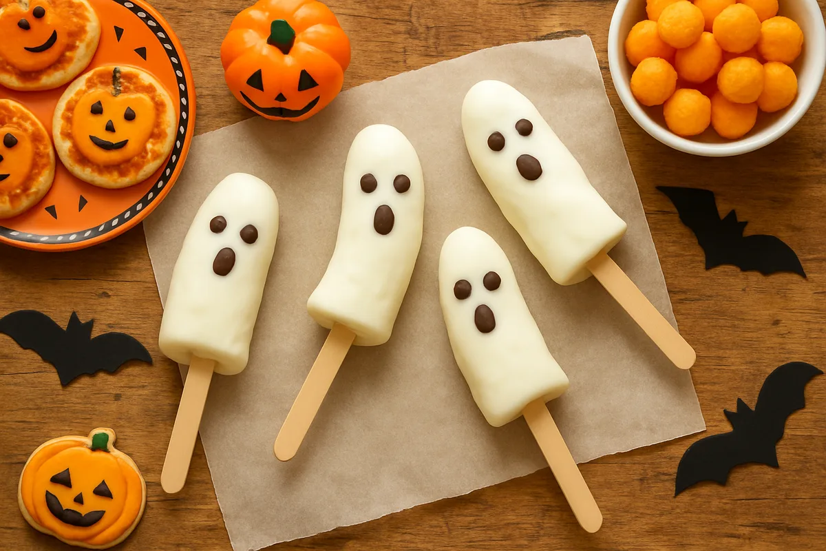 Banana halves on sticks dipped in white yogurt with chocolate chip ghost faces