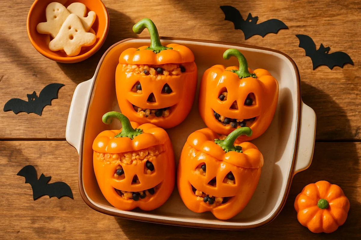 Orange bell peppers carved like jack-o'-lanterns and stuffed with rice and beans