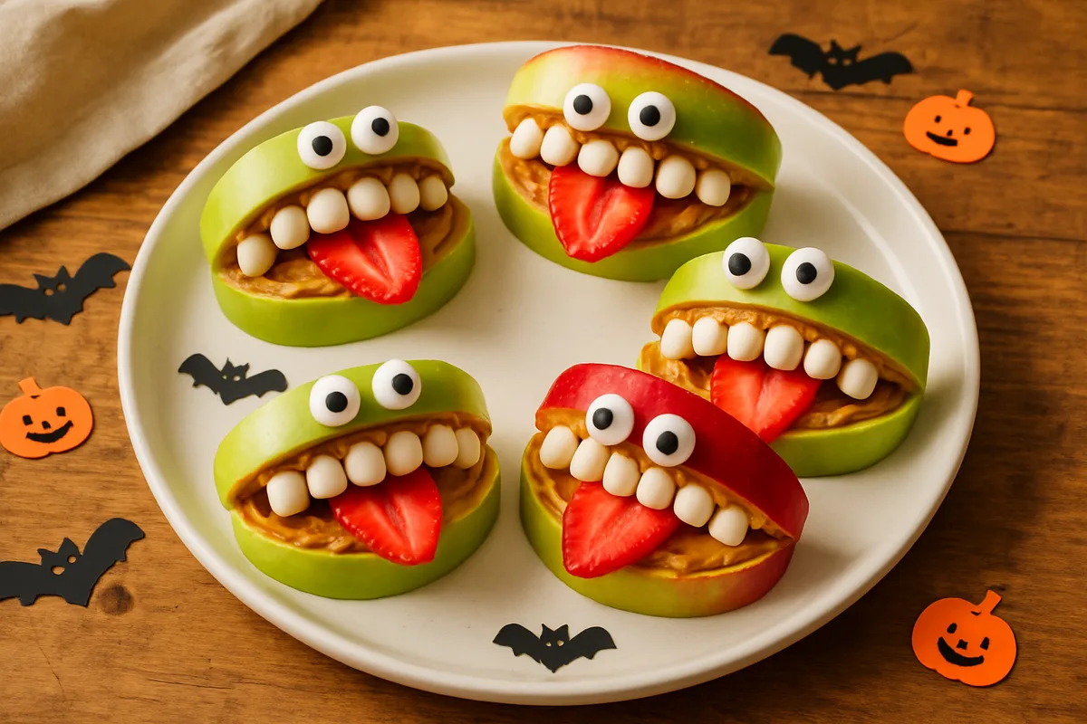 Apple wedge monster mouths with marshmallow teeth, strawberry tongues and candy eyes