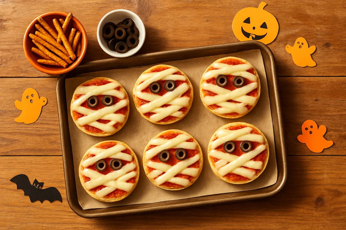 Mini English muffin pizzas decorated as mummies with cheese strips and olive eyes