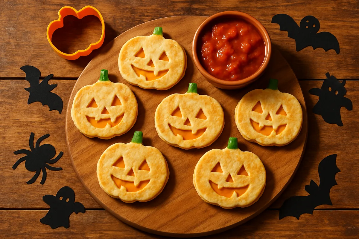 Pumpkin-shaped cheese quesadillas with jack-o-lantern faces and green pepper stems