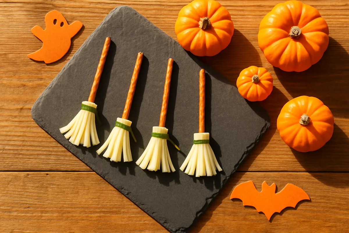 Pretzel stick witch brooms with fringed string cheese bristles